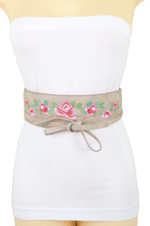 Taupe Beige Faux Leather Wide Wrap Around Tie Kimono Belt Flowers Size S M